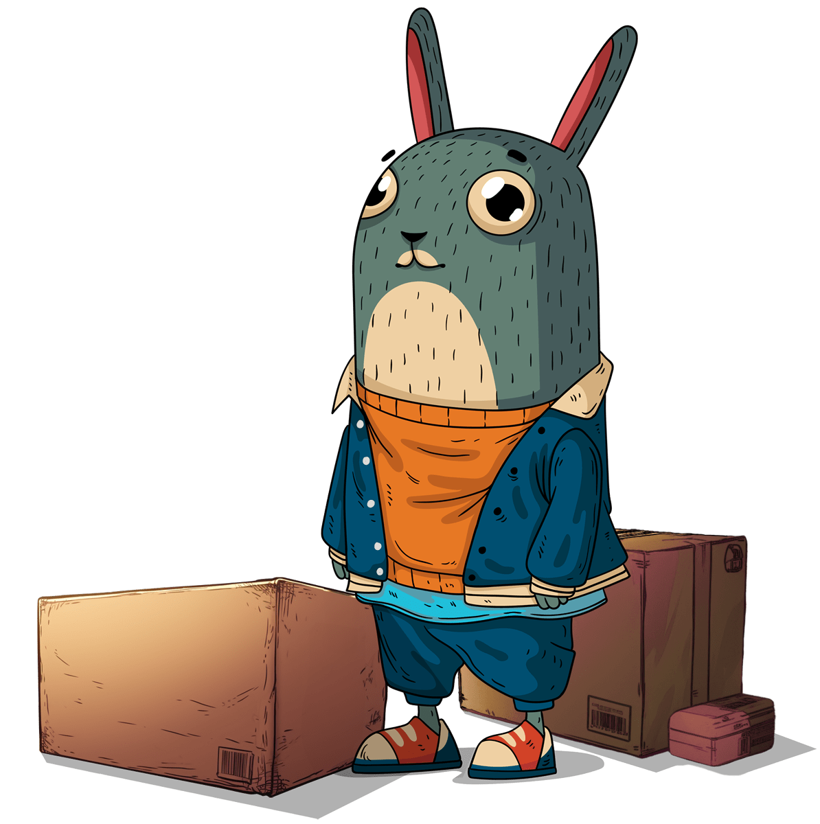 Illustrated bunny standing with boxes ready for pickup