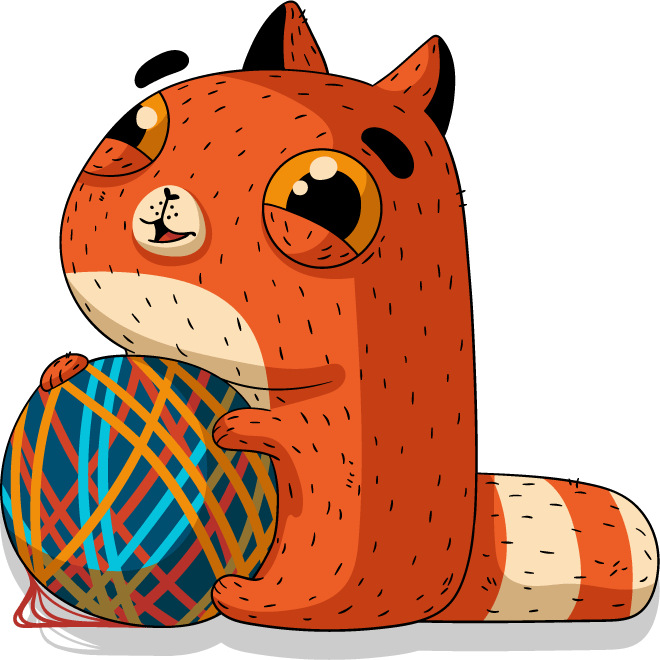 Illustration of a cat playing with a ball of yarn.