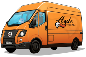 Illustrated delivery van driven by a fox