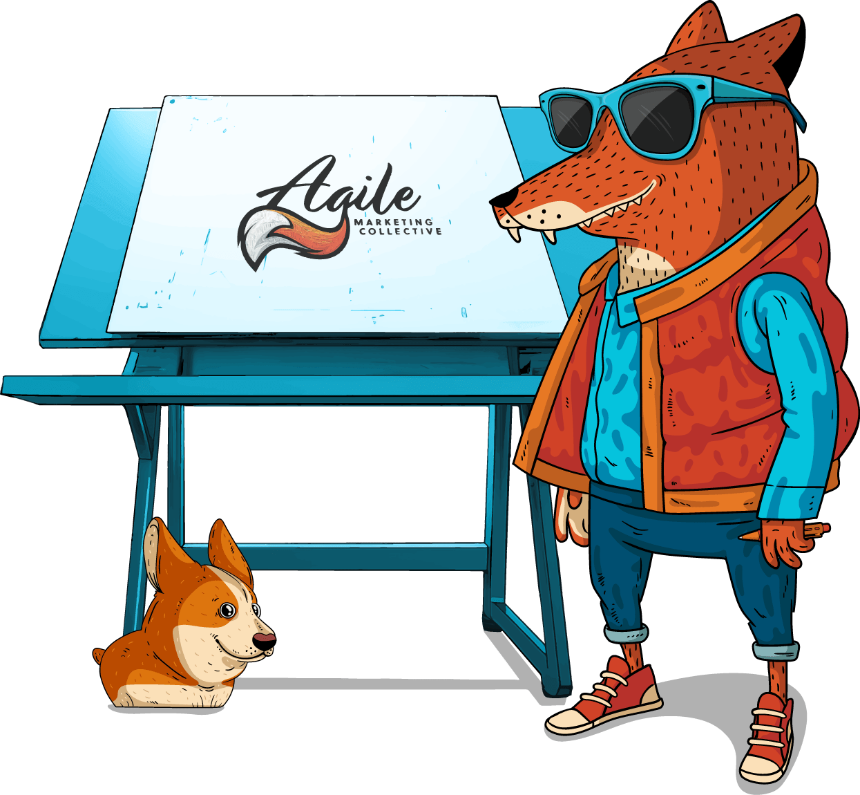 Illustrated fox standing next to an art table displaying the Agile logo