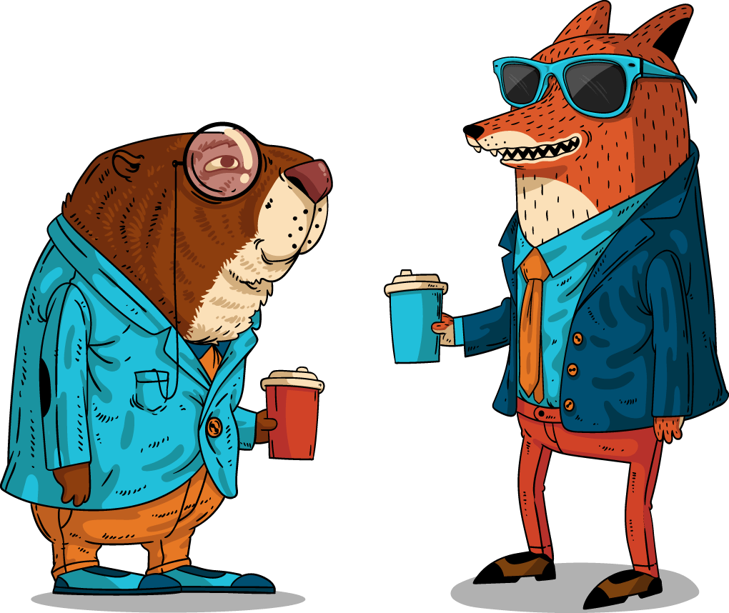 Illustrated fox and beaver having a discussion