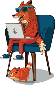 Illustration of a fox sitting in a chair, creating a website on a laptop computer