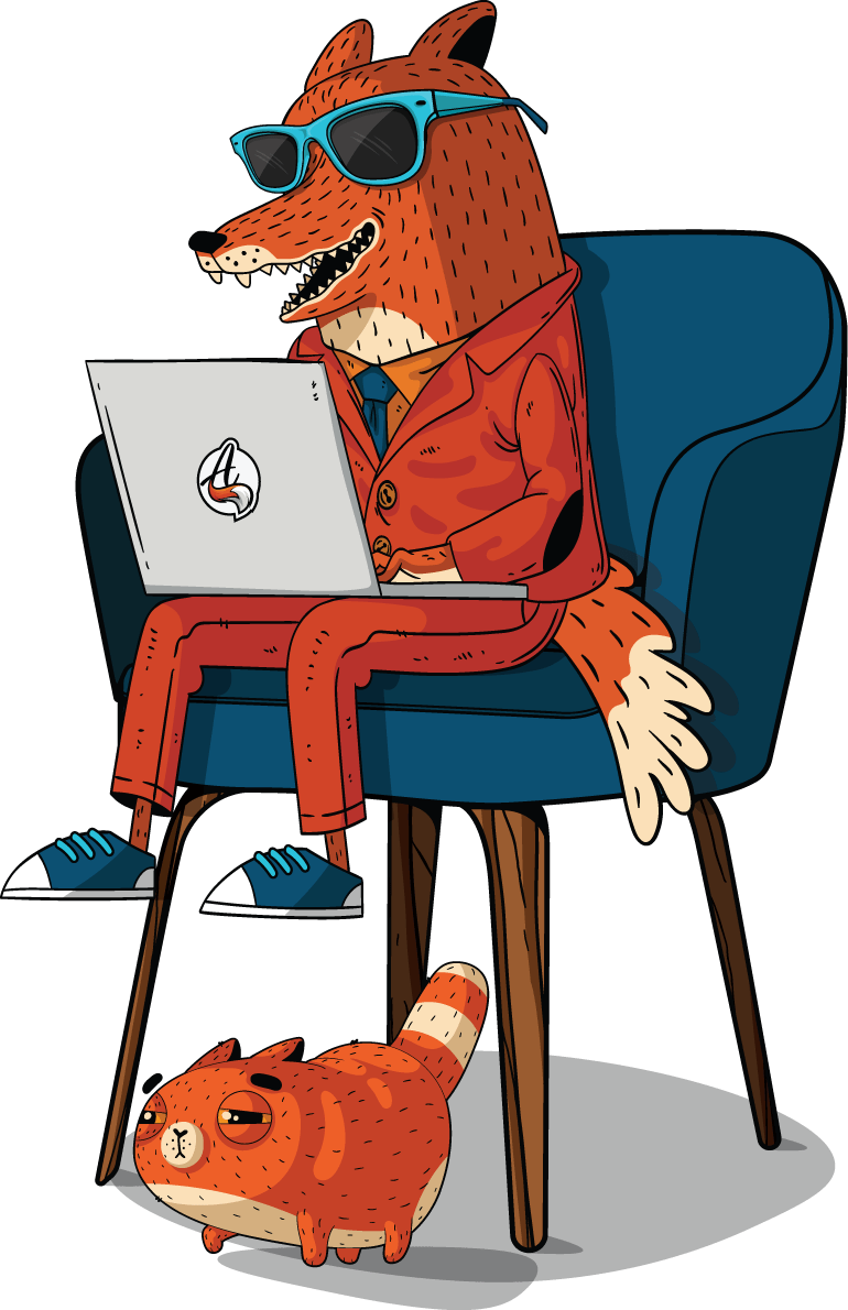 Illustration of a fox sitting in a chair, creating a website on a laptop computer