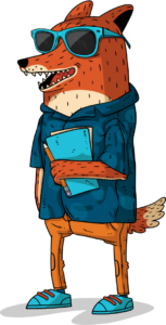 Illustrated fox holding a folder and pencil