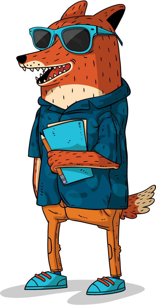 Illustrated fox holding a folder and pencil