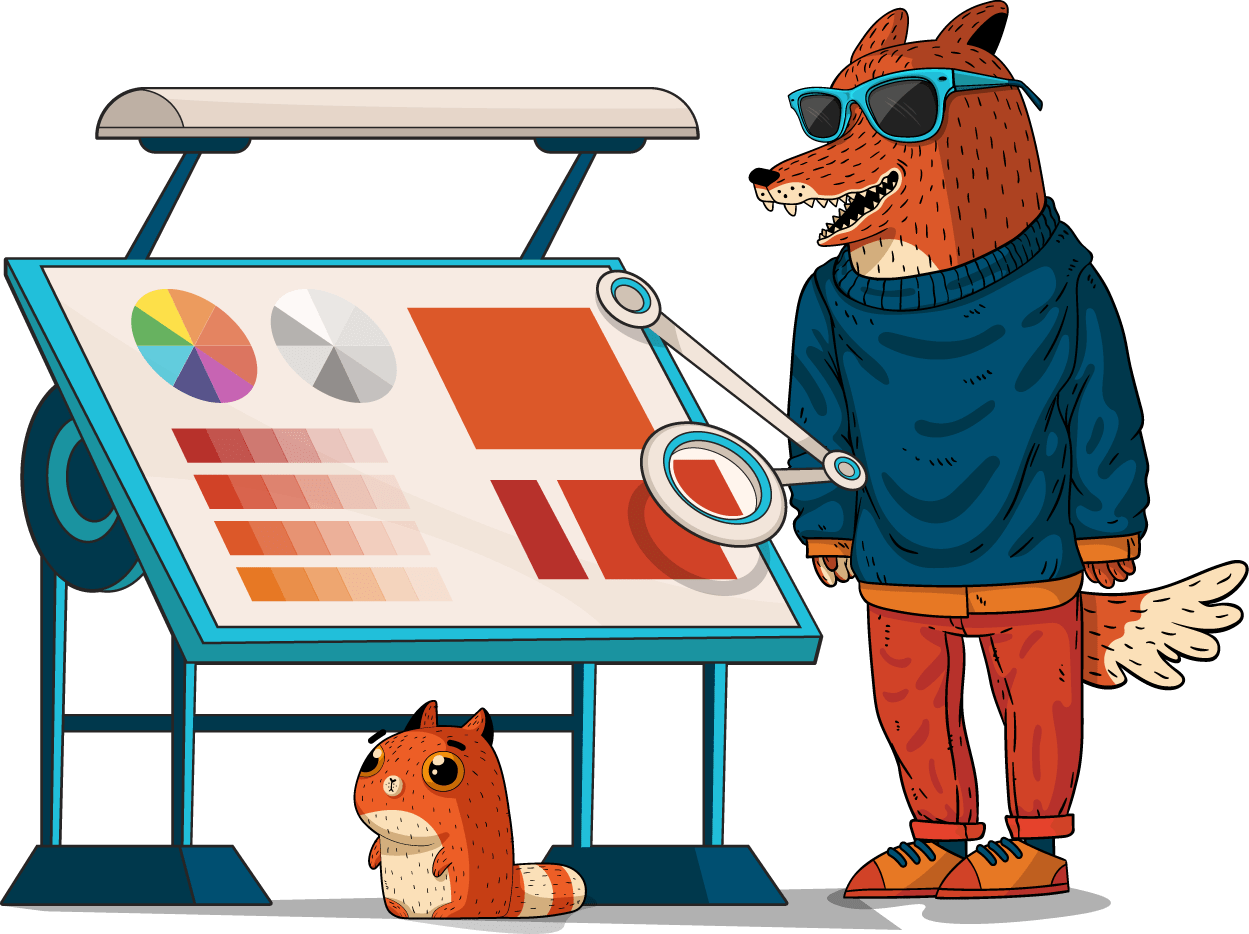 Illustrated fox standing next to a drafting table covered with color guides