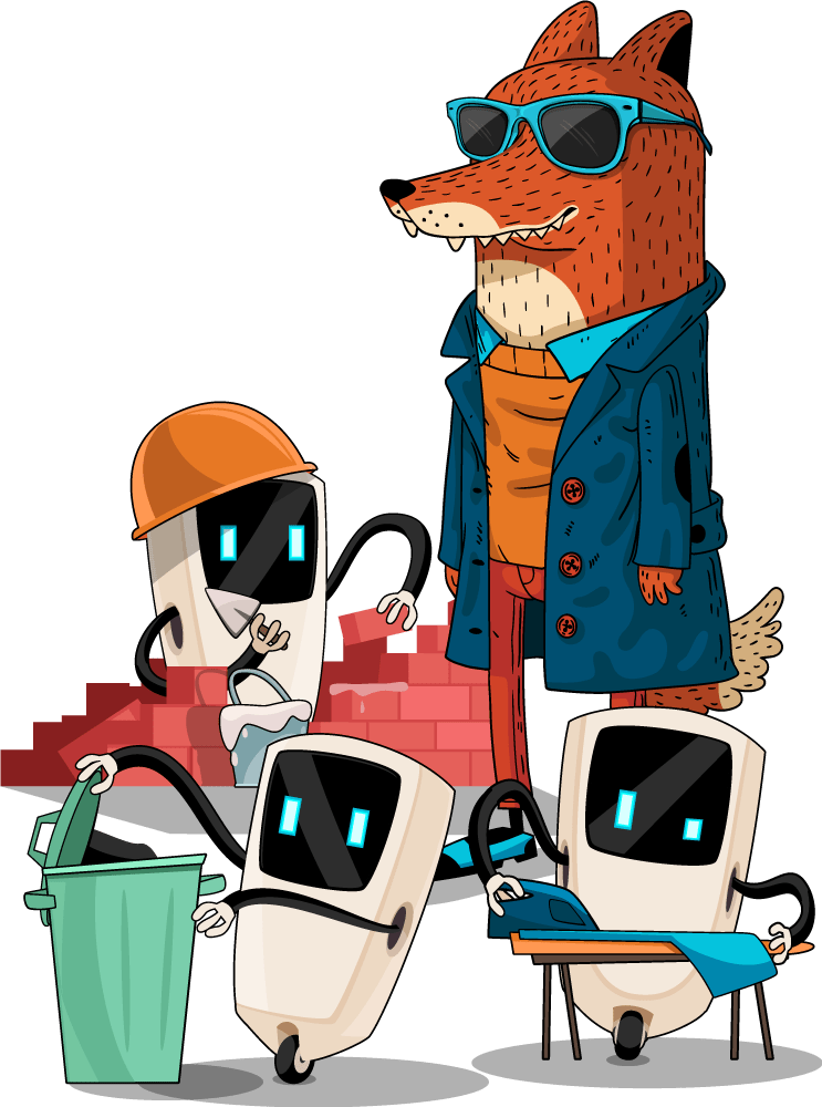 Illustration of a fox surrounded by AI robots completing mundane tasks