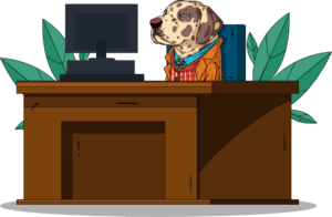 Illustrated dog sitting at a computer desk reading an online article