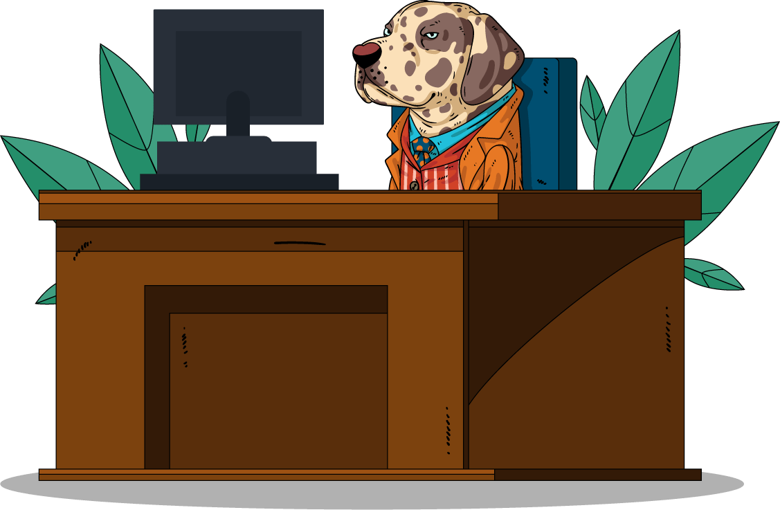 Illustrated dog sitting at a computer desk reading an online article