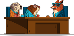 Illustrated dog, beaver, fox having a friendly conversation