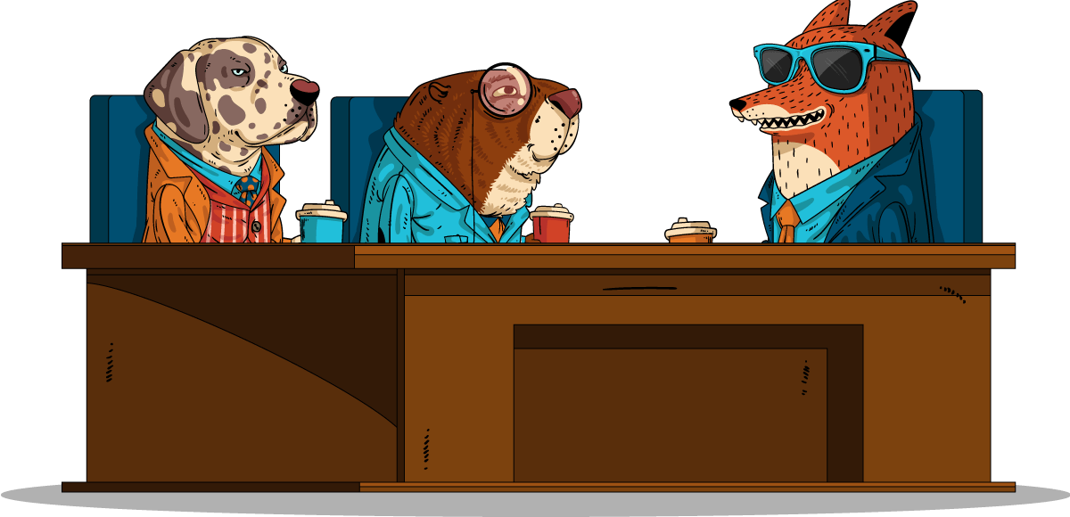 Illustrated dog, beaver, fox having a friendly conversation