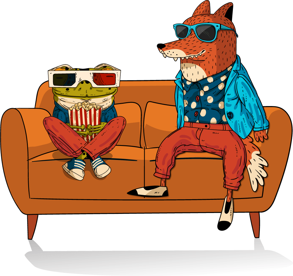 Illustration of a frog and fox sitting on a couch