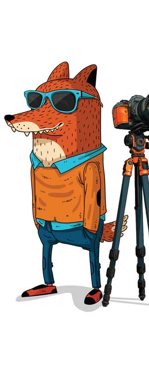 Illustrated fox with a professional camera on a tripod