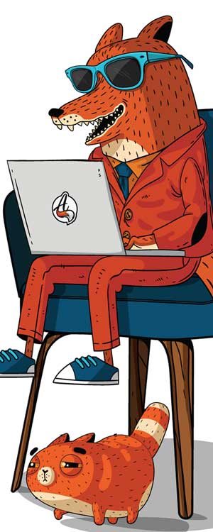 Illustration of a fox sitting in a chair, creating a website on a laptop computer