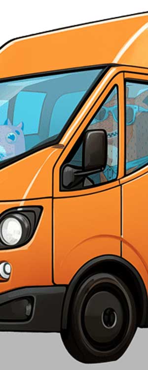 Illustrated delivery van driven by a fox